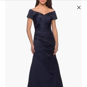 Le Femme Off the Shoulder Beaded Satin Trumpet Gown